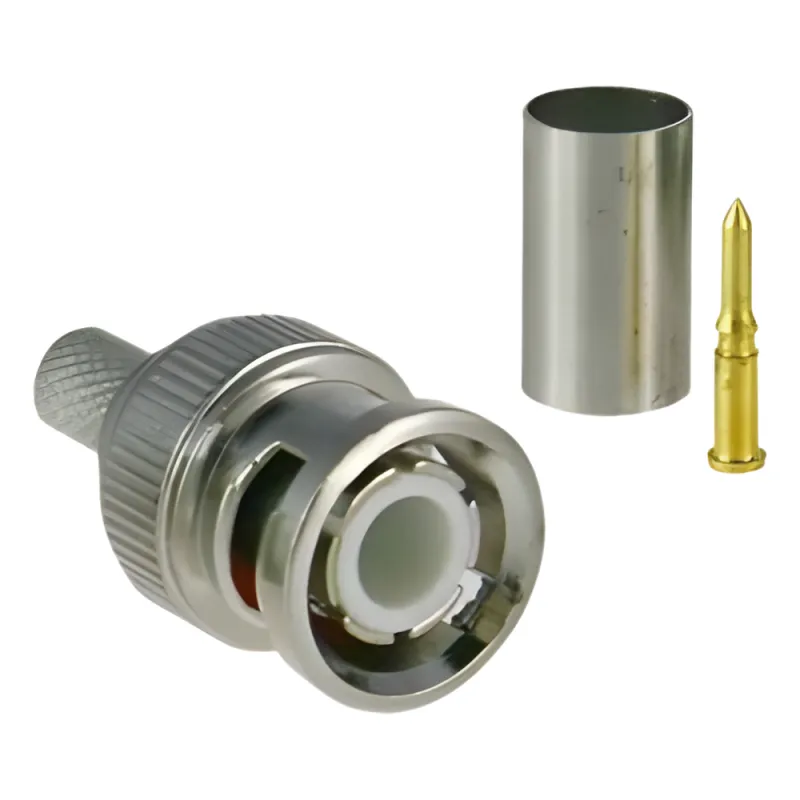 Conector BNC macho para 75 Ohm, de 3 piezas en línea, anillo plegable para cable RG-59/U en aplicación de CCTV, Níquel/ Oro/ Teflón.
