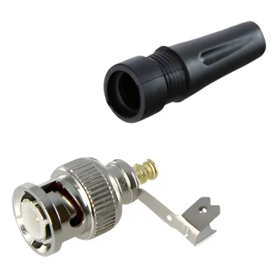 Conector BNC macho en 75 Ohm, para cable coaxial RG-59 / Con base de alivio negra de PVC, Níquel/ Oro/ PTFE.