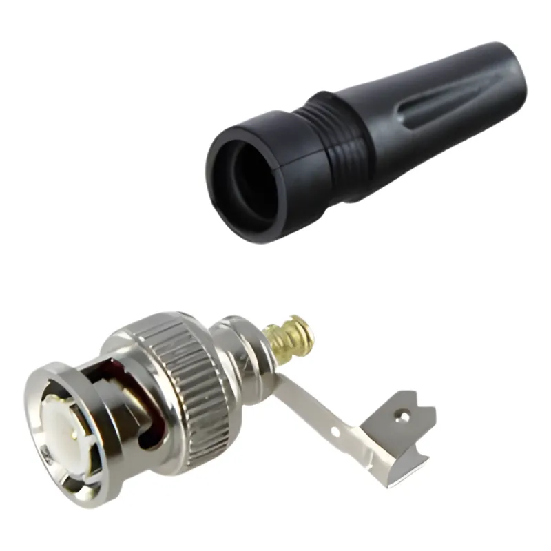 Conector BNC macho en 75 Ohm, para cable coaxial RG-59 / Con base de alivio negra de PVC, Níquel/ Oro/ PTFE.