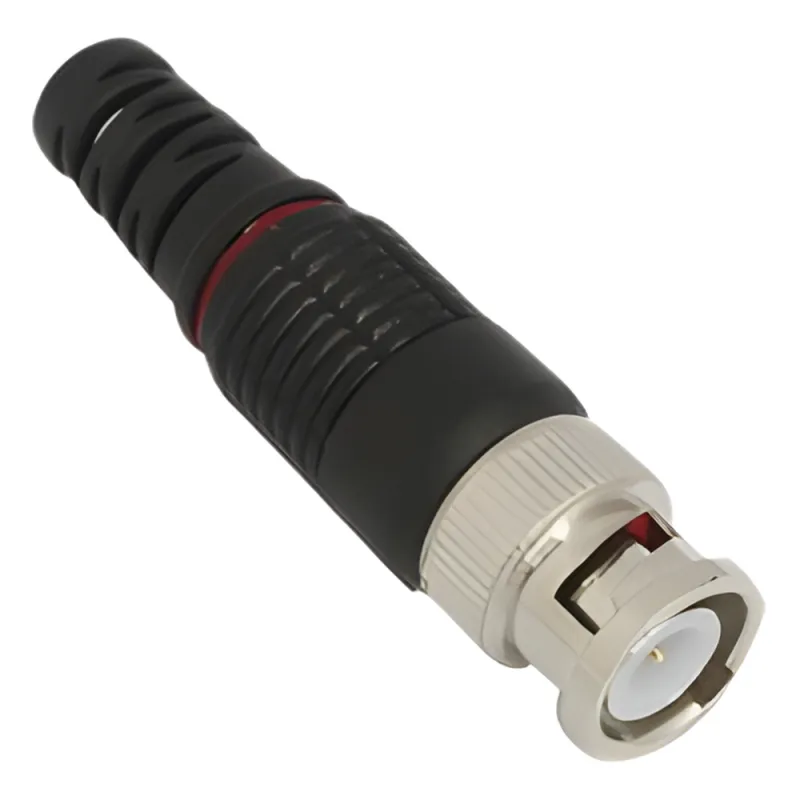 Conector BNC macho en 75 Ohm con Base de Alivio Plástica Negra para Cable Coaxial RG-59/ Níquel/ Oro / Teflón.