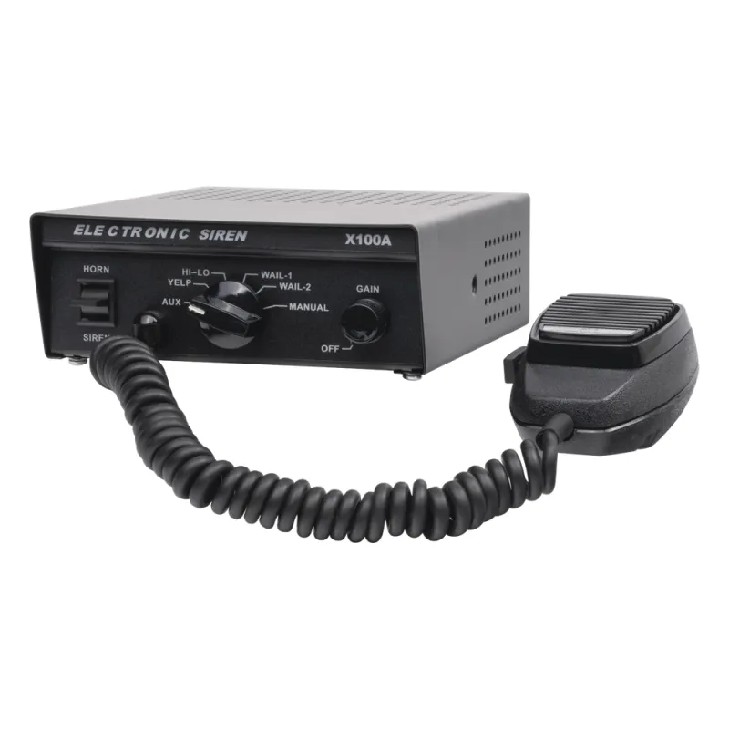 Sirena Vehicular de 100W de Potencia, Con Switch Giratorio de 6 posiciones y Micrófono Integrado de Uso Rudo