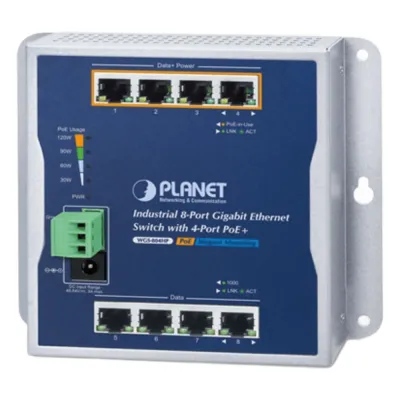 Switch Industrial No Administrable, Múltiple Montaje (Pared, Riel DIN y Magnético), 8 Puertos Gigabit con 4 puertos PoE 802.3at, Hasta 120 W.