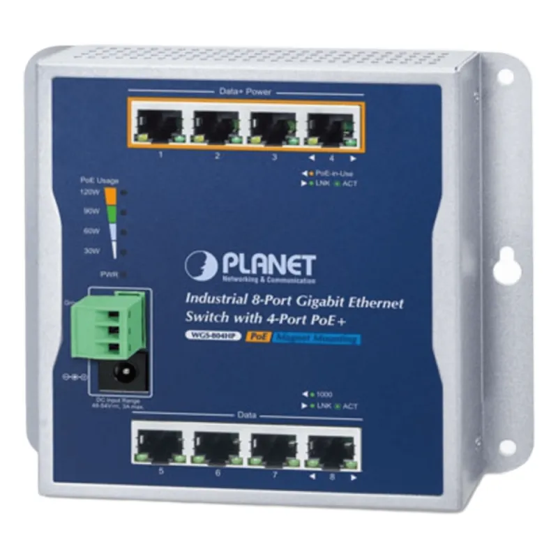 Switch Industrial No Administrable, Múltiple Montaje (Pared, Riel DIN y Magnético), 8 Puertos Gigabit con 4 puertos PoE 802.3at, Hasta 120 W.