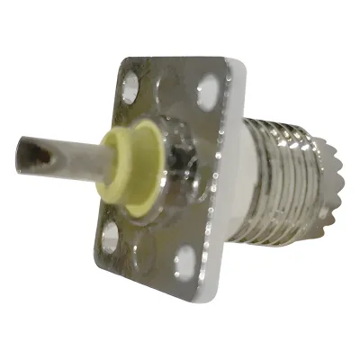 Conector Mini-UHF Hembra, de Montaje en 4 Perforaciones a 13 mm, Níquel/ Oro/ Baquelita.