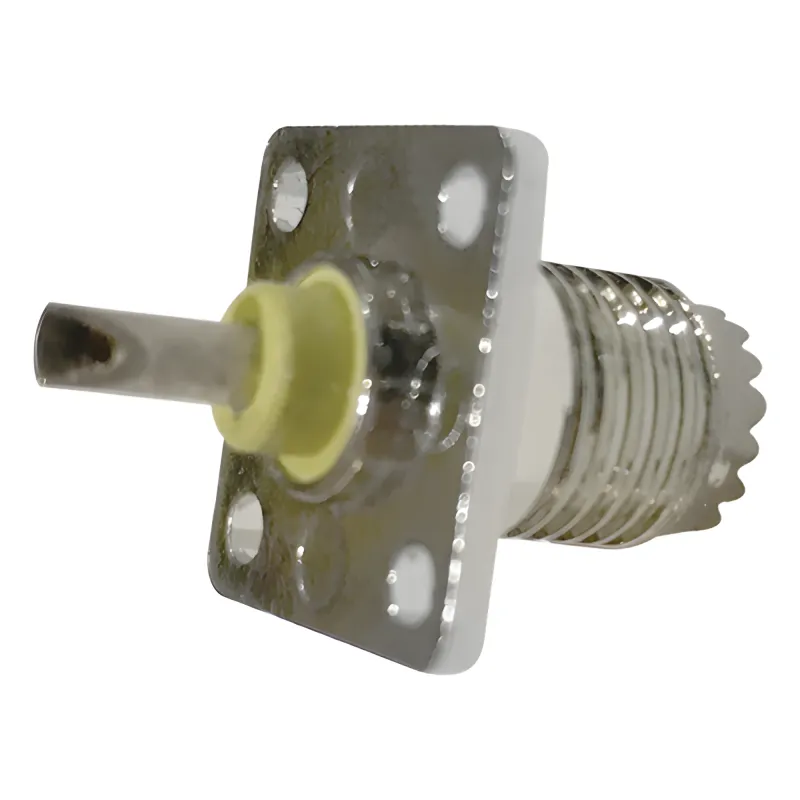Conector Mini-UHF Hembra, de Montaje en 4 Perforaciones a 13 mm, Níquel/ Oro/ Baquelita.