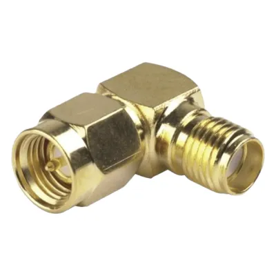 Adaptador en Ángulo Recto, de Conector SMA Macho a SMA Hembra, Oro/ Oro/ Teflón.