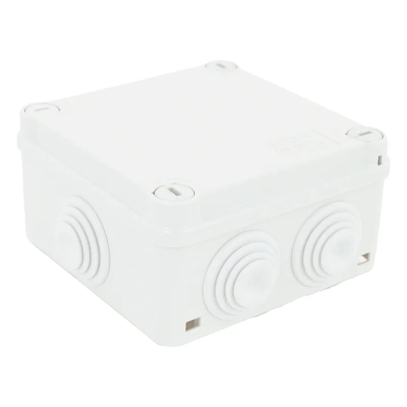 Caja Estanca de PVC Para Derivación y Conexión, 6 Entradas, Tapa con Tornillo de 1/4" de Vuelta, 100x100x50 mm (Área Interna), Uso Exterior IP55, Material que no Propaga el Fuego y Libre de Hálogenos