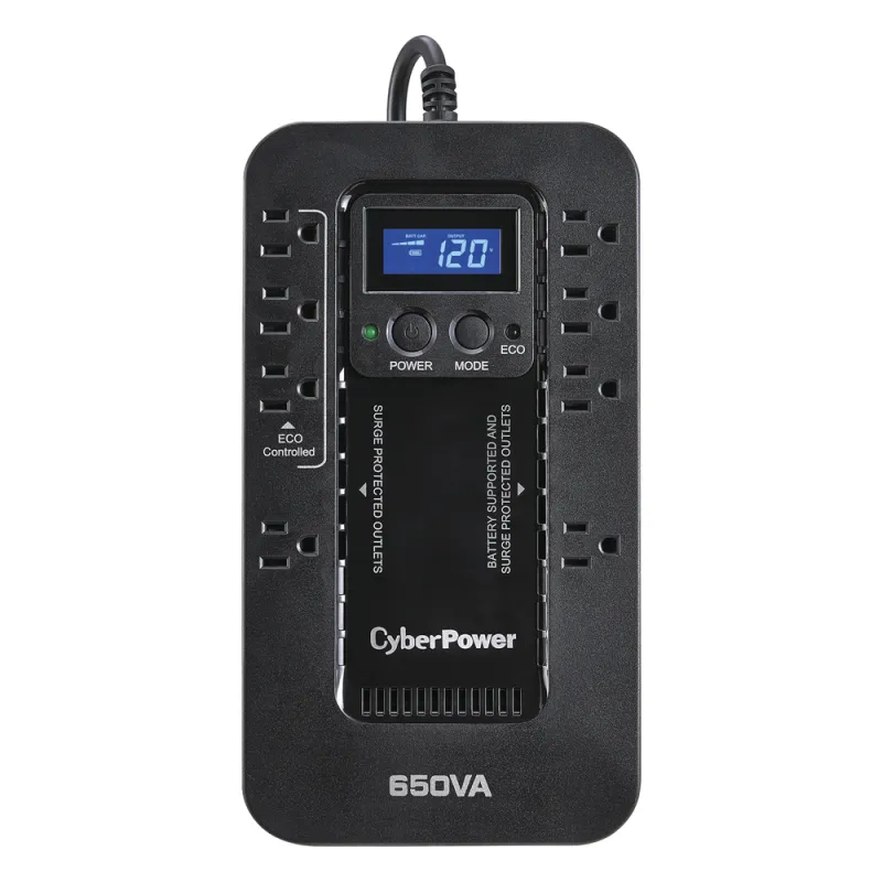 UPS de 650 VA/390 W, Topología Standby con Modo Ahorrador ECO, Entrada 120 Vca NEMA 5-15P, Con 8 Tomas NEMA 5-15R