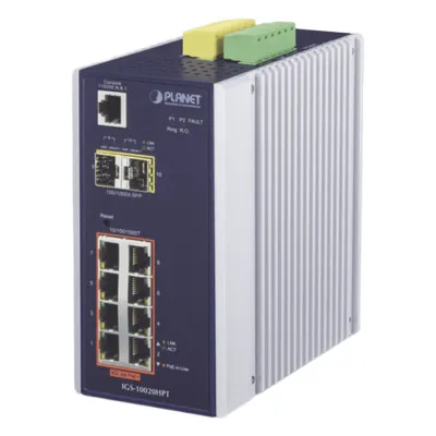 Switch Industrial Administrable Capa 2, 8 puertos PoE Gigabit 802.3af/at, 2 Puertos SFP de 1 / 2.5 Gigabit, Entrada de Voltaje Secundaria para Fuente Redundante