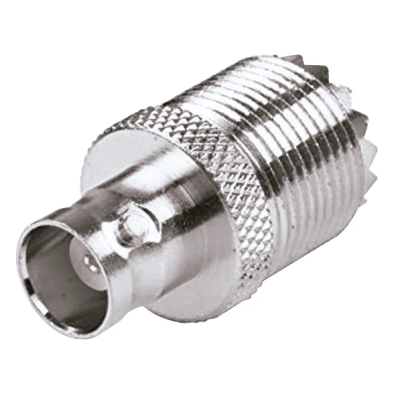 Adaptador en Linea para 50 Ohm, Conector UHF Hembra (SO-239) a BNC Hembra, Níquel/ Plata/ Delrin.