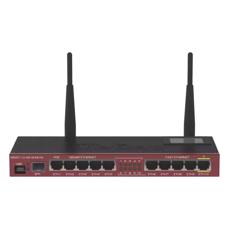 Router Board, 10 Puertos Ethernet, 1 Puerto SFP, Wi-Fi de Gran Cobertura 2.4 GHz Antenas de 4 dBi, hasta 1 Watt de potencia