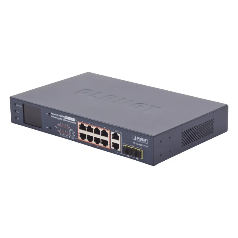 Switch PoE+ / Distancia 250 Metros / 8 Puertos + 2 Combo TP/SFP Gigabit y Pantalla LCD Para Monitoreo