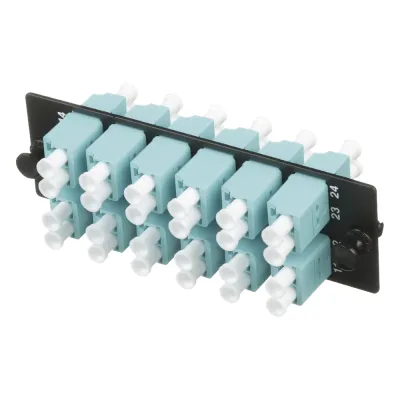 Placa Acopladora de Fibra Óptica FAP, con 12 Conectores LC Duplex (24 Fibras), para Fibra Multimodo OM3/OM4, Color Aqua