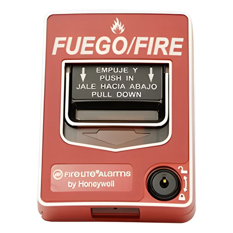 Estación manual de doble acción contra incendio, convencional, rotulado bilingüe FIRE/FUEGO y reset con llave