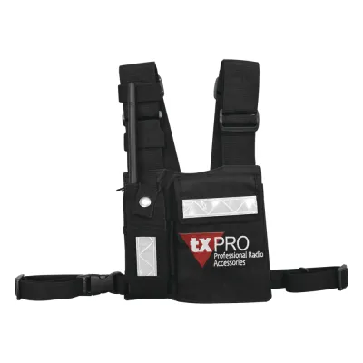 Pechera Universal con soporte para radio, sostén de bolígrafo y seguridad para la bolsa con cinta adherente. Logo TX-PRO.