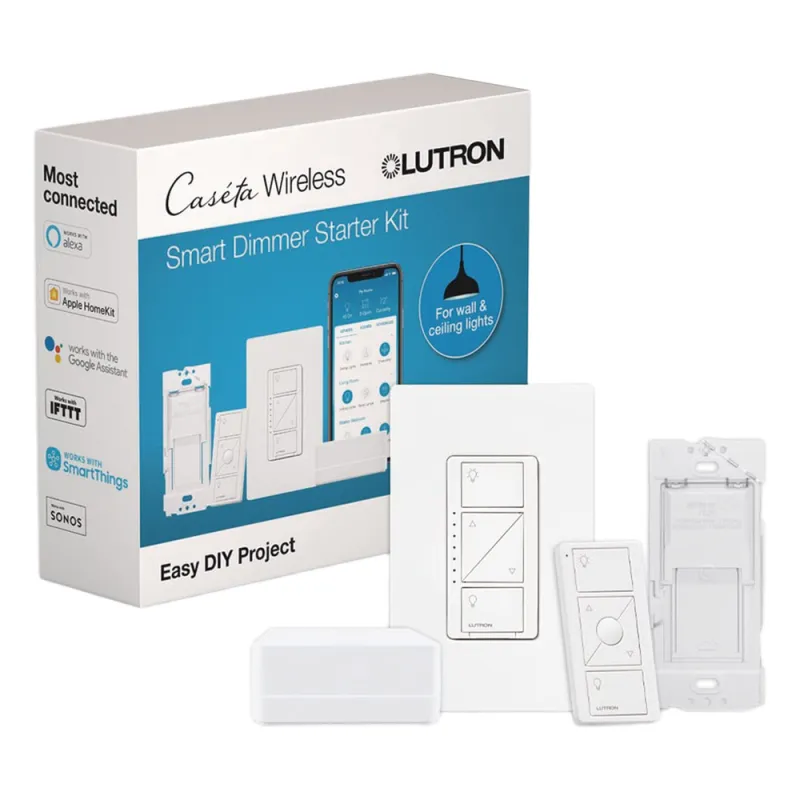 Kit de inicio Caseta Wireless con hub Smart Bridge, atenuador de pared, control Pico y placa Claro para controlar la iluminación desde la app Lutron