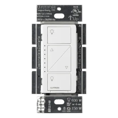 Atenuador de pared Caseta Wireless de 120 V para 150 W LED/CFL o 600 W incandescente/halógeno, sin cable neutro, compatible con controles Pico y sensores inalámbricos