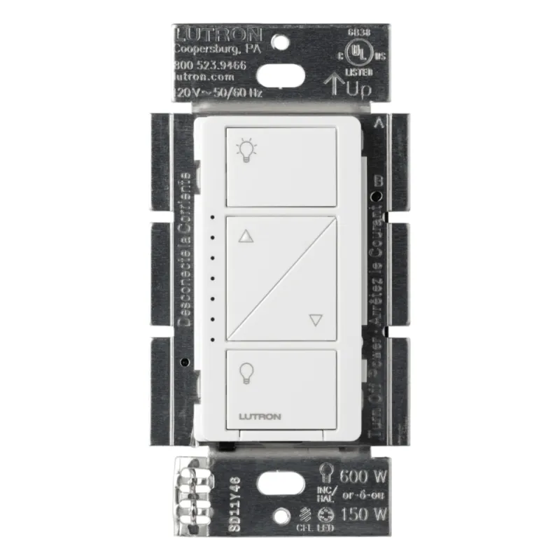 Atenuador de pared Caseta Wireless de 120 V para 150 W LED/CFL o 600 W incandescente/halógeno, sin cable neutro, compatible con controles Pico y sensores inalámbricos