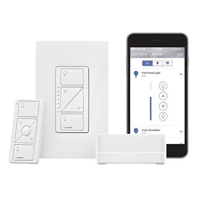 Kit de inicio Caseta Wireless con hub Smart Bridge Pro, atenuador de pared de 120 V, control remoto Pico y placa Claro, compatible con Apple HomeKit, Alexa y Google Assistant