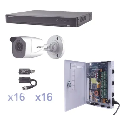 KIT TurboHD 1080p / DVR 16 Canales / 16 Cámaras Bala (exterior 2.8 mm) / Transceptores / Conectores / Fuente de Poder Profesional