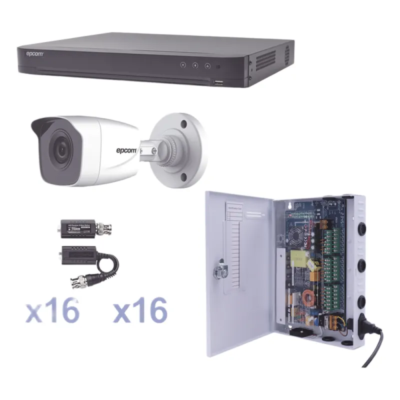 KIT TurboHD 1080p / DVR 16 Canales / 16 Cámaras Bala (exterior 2.8 mm) / Transceptores / Conectores / Fuente de Poder Profesional