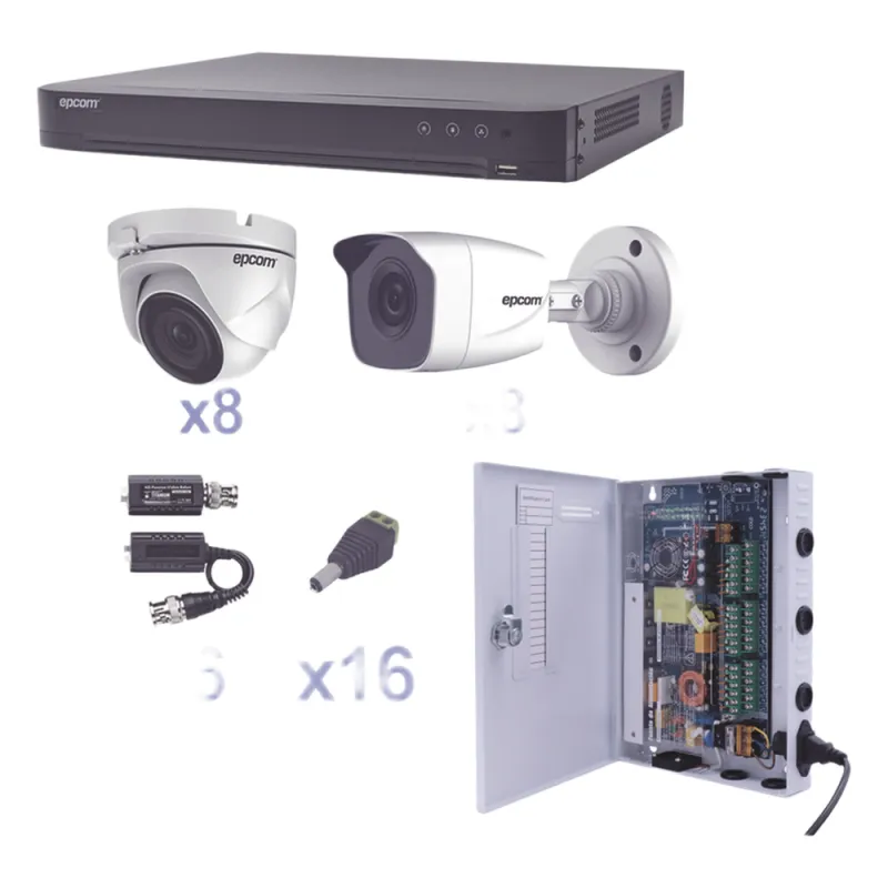 KIT TurboHD 1080p / DVR 16 Canales / 8 Cámaras Bala (exterior 2.8 mm) / 8 Cámaras Eyeball (exterior 2.8 mm) / Transceptores / Conectores / Fuente de Poder Profesional