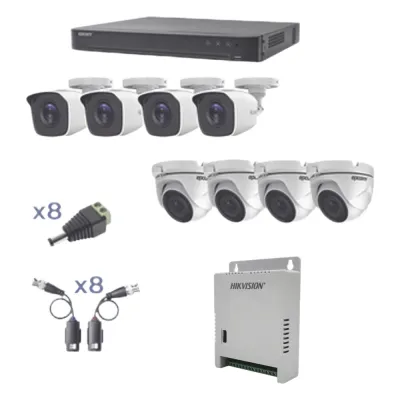 KIT TurboHD 1080p / DVR 8 Canales / 4 Cámaras Bala (exterior 2.8 mm) / 4 Cámaras Eyeball (exterior 2.8 mm) / Transceptores / Conectores / Fuente de Poder Profesional hasta 15 Vcc para Largas Distancias