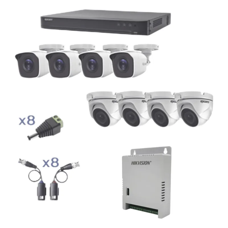 KIT TurboHD 1080p / DVR 8 Canales / 4 Cámaras Bala (exterior 2.8 mm) / 4 Cámaras Eyeball (exterior 2.8 mm) / Transceptores / Conectores / Fuente de Poder Profesional hasta 15 Vcc para Largas Distancias