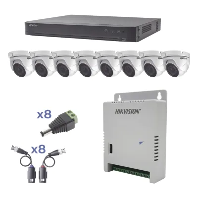 KIT TurboHD 1080p / DVR 8 Canales / 8 Cámaras Eyeball (exterior 2.8 mm) / Transceptores / Conectores / Fuente de Poder Profesional hasta 15 Vcc para Larga Distancia