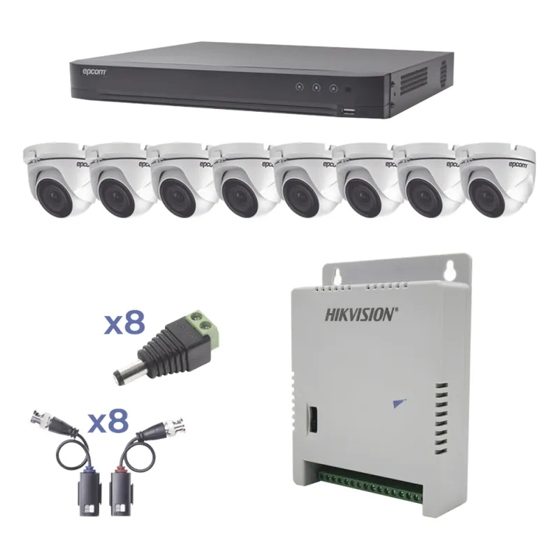 KIT TurboHD 1080p / DVR 8 Canales / 8 Cámaras Eyeball (exterior 2.8 mm) / Transceptores / Conectores / Fuente de Poder Profesional hasta 15 Vcc para Larga Distancia