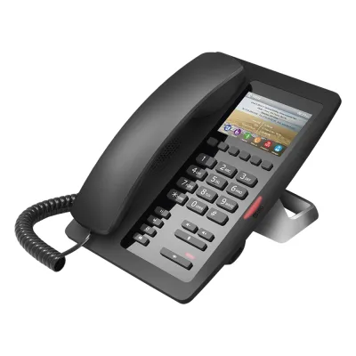 Teléfono IP Hotelero / Pantalla LCD Color 3.5" / 2 Líneas SIP / 6 Teclas Programables Hotline / Puerto USB Carga / PoE 802.3af / Personalizable con Logo Hotel