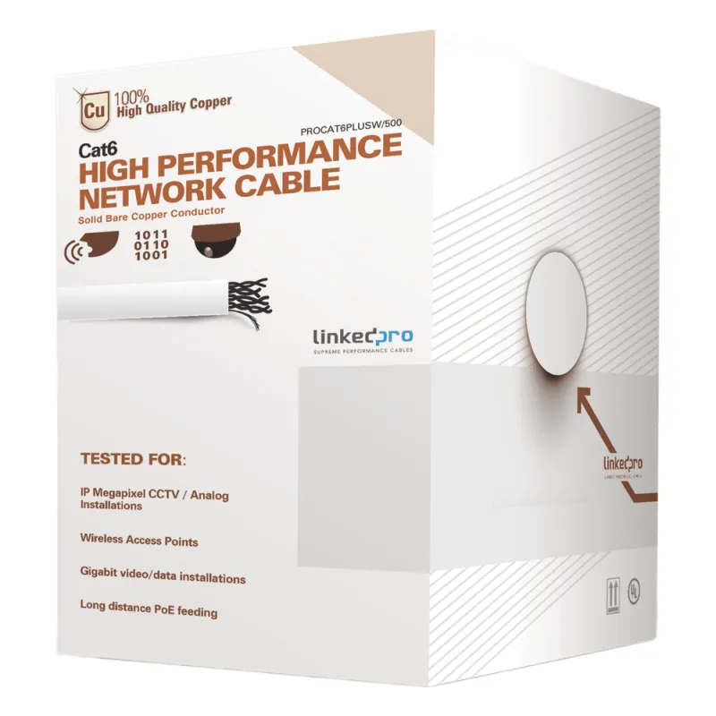 Bobina de Cable de 152 Metros (500 Pies) Cat6+ Calibre 23 Alto Desempeño, Super Flexible, UL, Color Blanco, para Aplicaciones de Video Vigilancia y Redes de Datos
