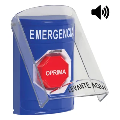 ​Botón Multipropósito, Color Azul, De Superficie, Con Tapa De Policarbonato, Con Bocina Pre Alarma, Solo Interior, Llave Para Restablecer, Texto De Emergencia, Español
