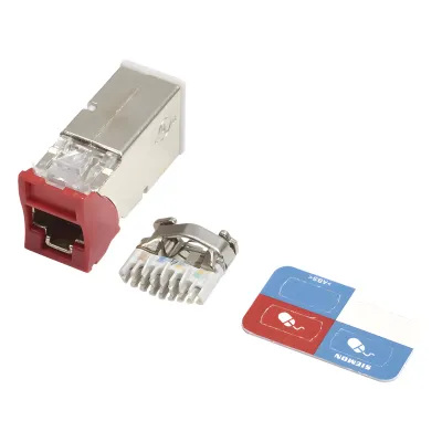 Jack Z-MAX Cat6A, Blindado, Montaje Híbrido en Placa de Pared (Plano y Angulado), Color Rojo