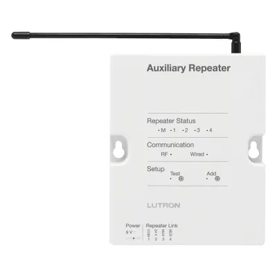 Repetidor auxiliar para ampliar el alcance de radiofrecuencia del sistema RadioRA 2 en aplicaciones grandes, exteriores y entre edificios, inalámbrico o con enlace RS485