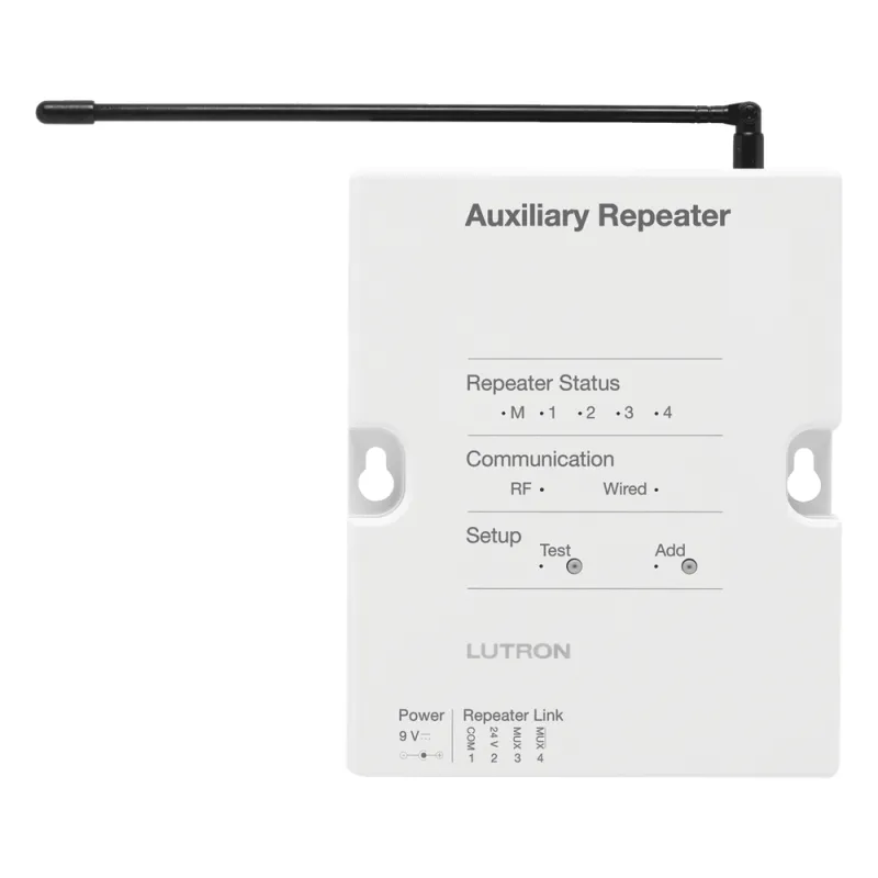 Repetidor auxiliar para ampliar el alcance de radiofrecuencia del sistema RadioRA 2 en aplicaciones grandes, exteriores y entre edificios, inalámbrico o con enlace RS485