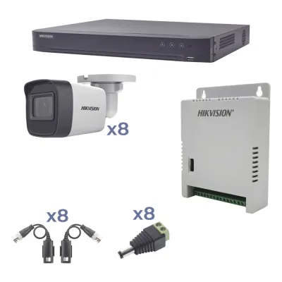 KIT TurboHD 1080p / DVR 8 Canales / 8 Cámaras Bala (exterior 2.8 mm) / Transceptores / Conectores / Fuente de Poder Profesional hasta 15 Vcc para Larga Distancia