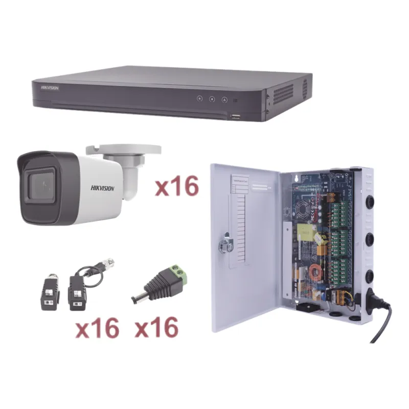 KIT TurboHD 1080p / DVR 16 Canales / 16 Cámaras Bala (exterior 2.8 mm) / Transceptores / Conectores / Fuente de Poder Profesional