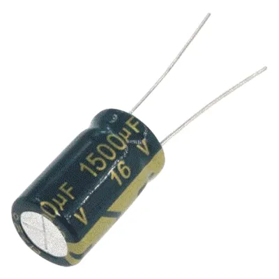 Capacitor Electrolítico de Aluminio, Radial de 1500 µFd, 16 Vcc, 105 °C, 10 x 20 mm.