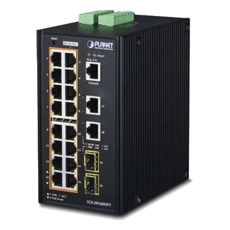 Switch Industrial Administrable 16 puertos 10/100/1000 T 802.3at PoE + 2 Puertos 10/100/1000 T + 2 puertos 100/1000 X SFP