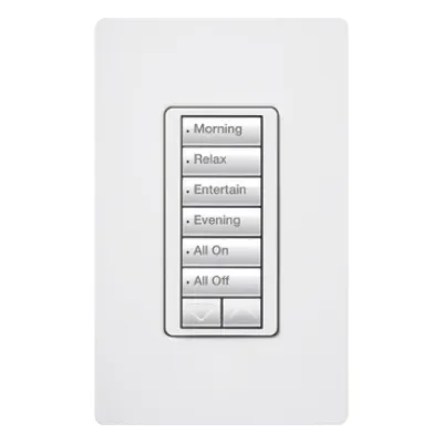 Teclado híbrido C•L de 6 botones con subir/bajar y atenuador integrado de 450 W (100 W en LED/CFL), requiere neutro, para sistema RadioRA 2, color blanco