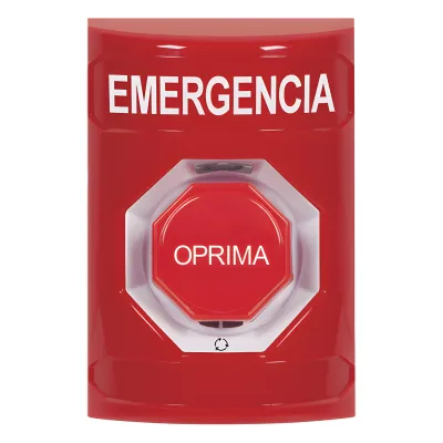 Botón de Emergencia, Texto en Español, Color Rojo, Acción Mantenida, Girar para Restablecer y LED Multicolor
