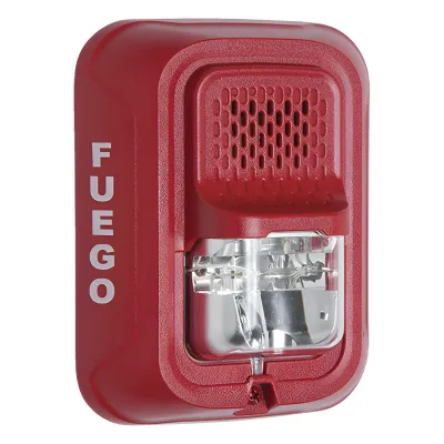 Sirena con lámpara estroboscópica de 2 hilos para pared, color rojo, leyenda FUEGO, candela seleccionable en campo