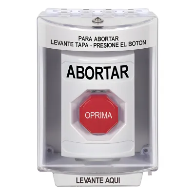 Botón de Abortar, Bocina de Advertencia Integrada, Texto en Español, Tapa Protectora de Policarbonato Súper Resistente con Espaciador, Restablecimiento con Llave