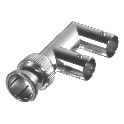 Adaptador Triple en F para 75 Ohm, de Conector BNC Macho a Doble BNC Hembra, Níquel/ Oro/ Delrin.