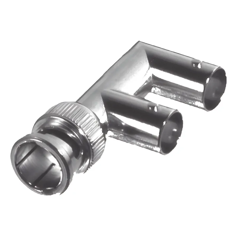 Adaptador Triple en F para 75 Ohm, de Conector BNC Macho a Doble BNC Hembra, Níquel/ Oro/ Delrin.
