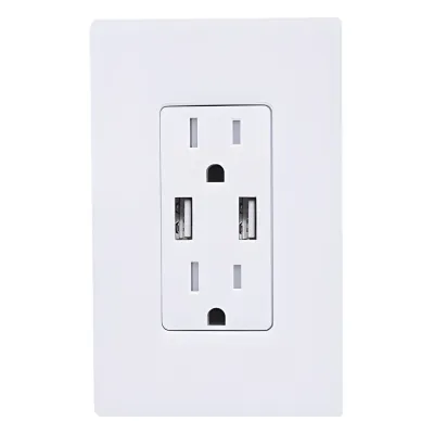 Tomacorriente dúplex 15 A 125 V con dos puertos USB tipo A de 3.8 A combinados, resistente a manipulaciones, estilo Designer Claro en color blanco