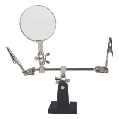 Soporte con lupa y dos brazos con clip. Ideal para trabajos de soldadura.