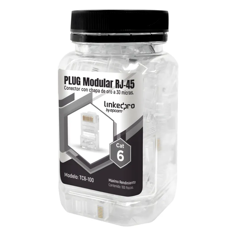 Bote con 100 Piezas de Plug Modular RJ45 Cat6 sin Blindaje, Chapado de Oro a 30 Micras para Durabilidad Extrema