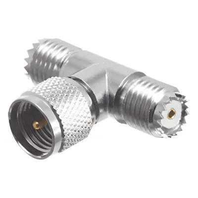 Adaptador en T de Conector Mini-UHF Macho a Doble Mini-UHF Hembra, Níquel/ Plata/ Teflón.
